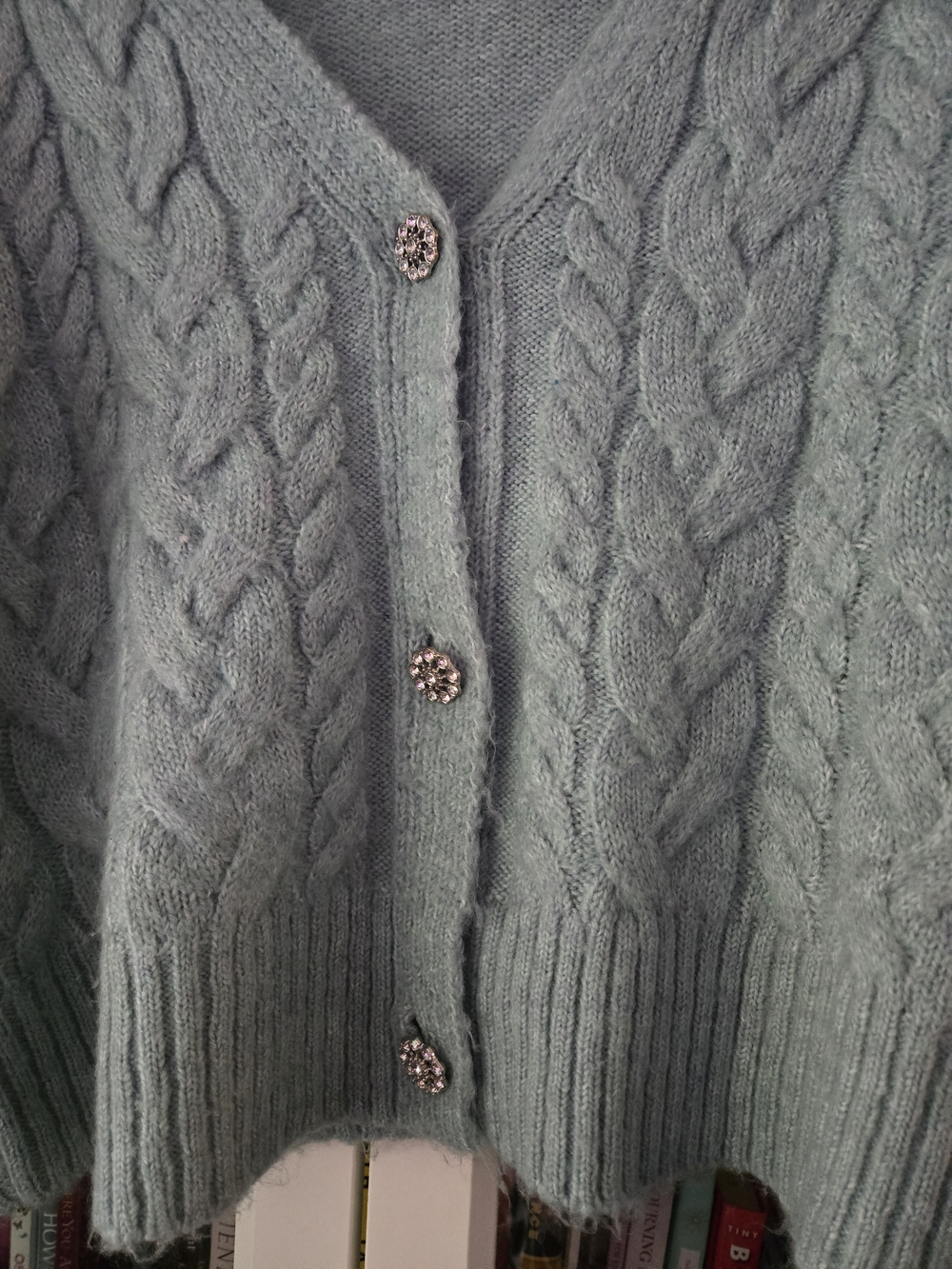 For Thee Light Mint Cable Knit V-Neck Cardigan Sweater with Rhinestone Buttons - Picture 2 of 8